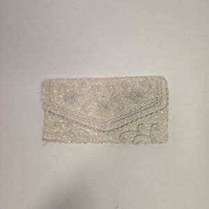Italian White Beaded Clutch Bag Evening Bag Beadwork Sequin Lined 7" Bon Soir